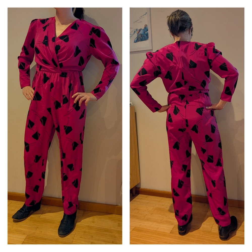 Vintage Fuschia Long Sleeve Jumpsuit with Black Abstract Print Women's Medium